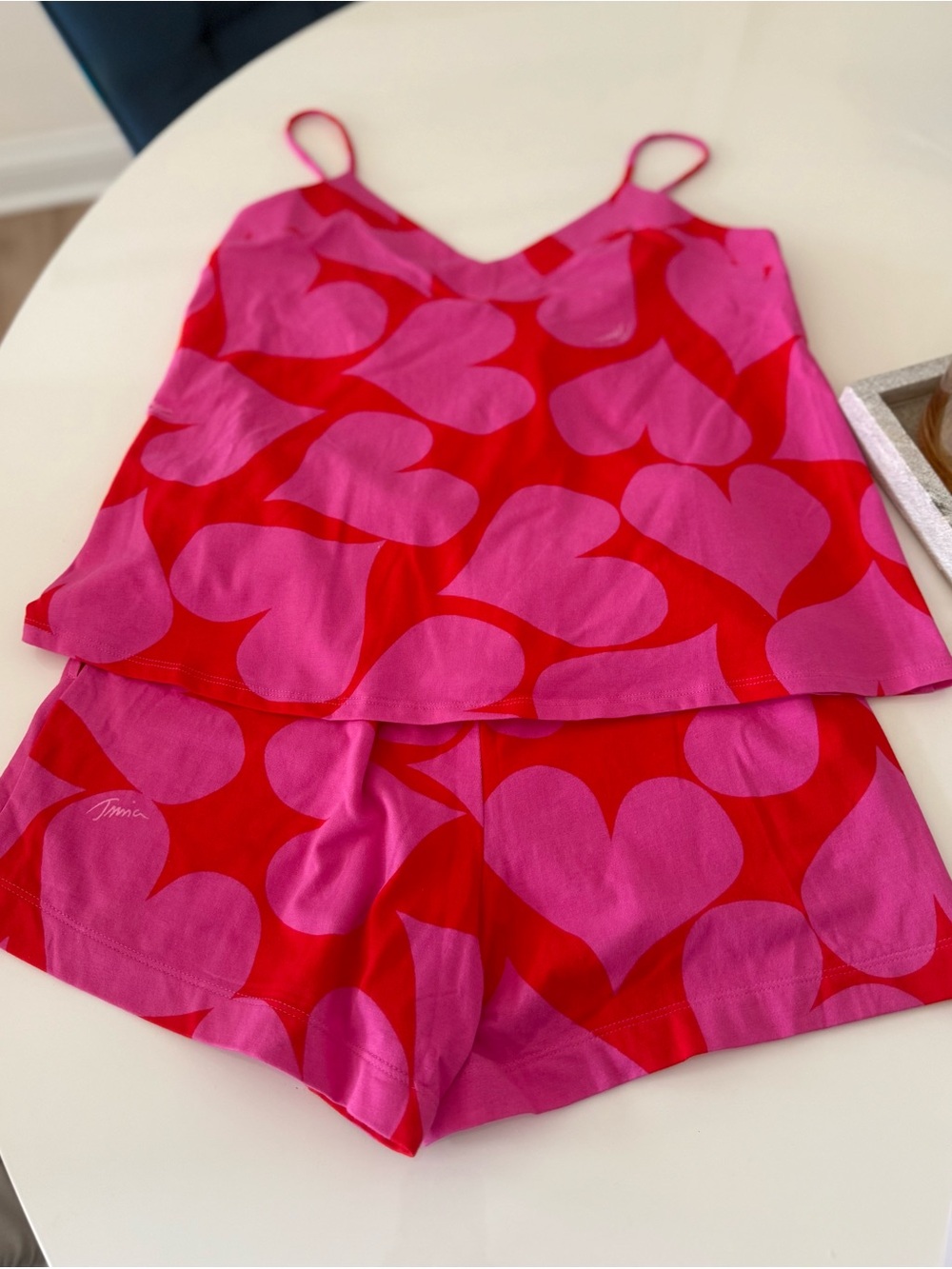 Trina Turk Pink and Red Heart Print Pajama Set